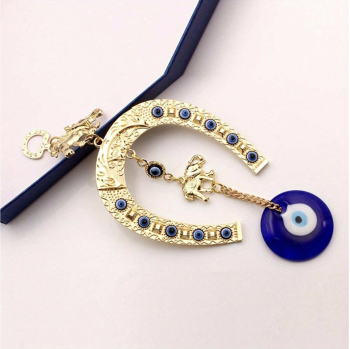 Golden Elephant & Horse Shoe Pendant With Blue Evil Eye Decor